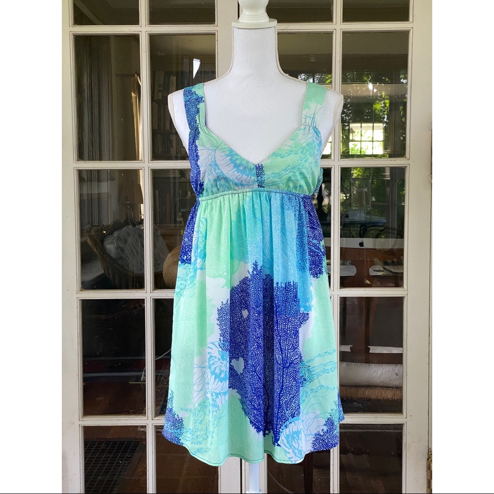Roxy Summer Dress, plunge front and open back, Blue and Aqua, size S NWOT